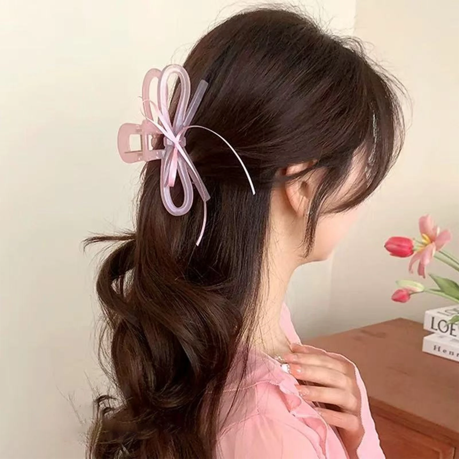 2025 New Acrylic Hair Claw Ribbon Bow Transparent Shark Gripper For Women Girls Summer Outdoor Simple Hair Accessories 12cm
