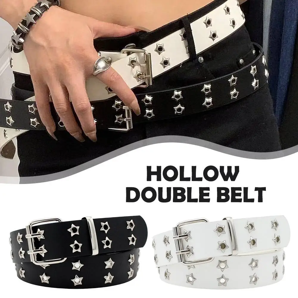 Star Eye Rivet Belt Hollowed-out Punk Belt For Man/women Hip-hop Double Pin Buckle Fashion Pu Leather Waistband Y2K Decoration