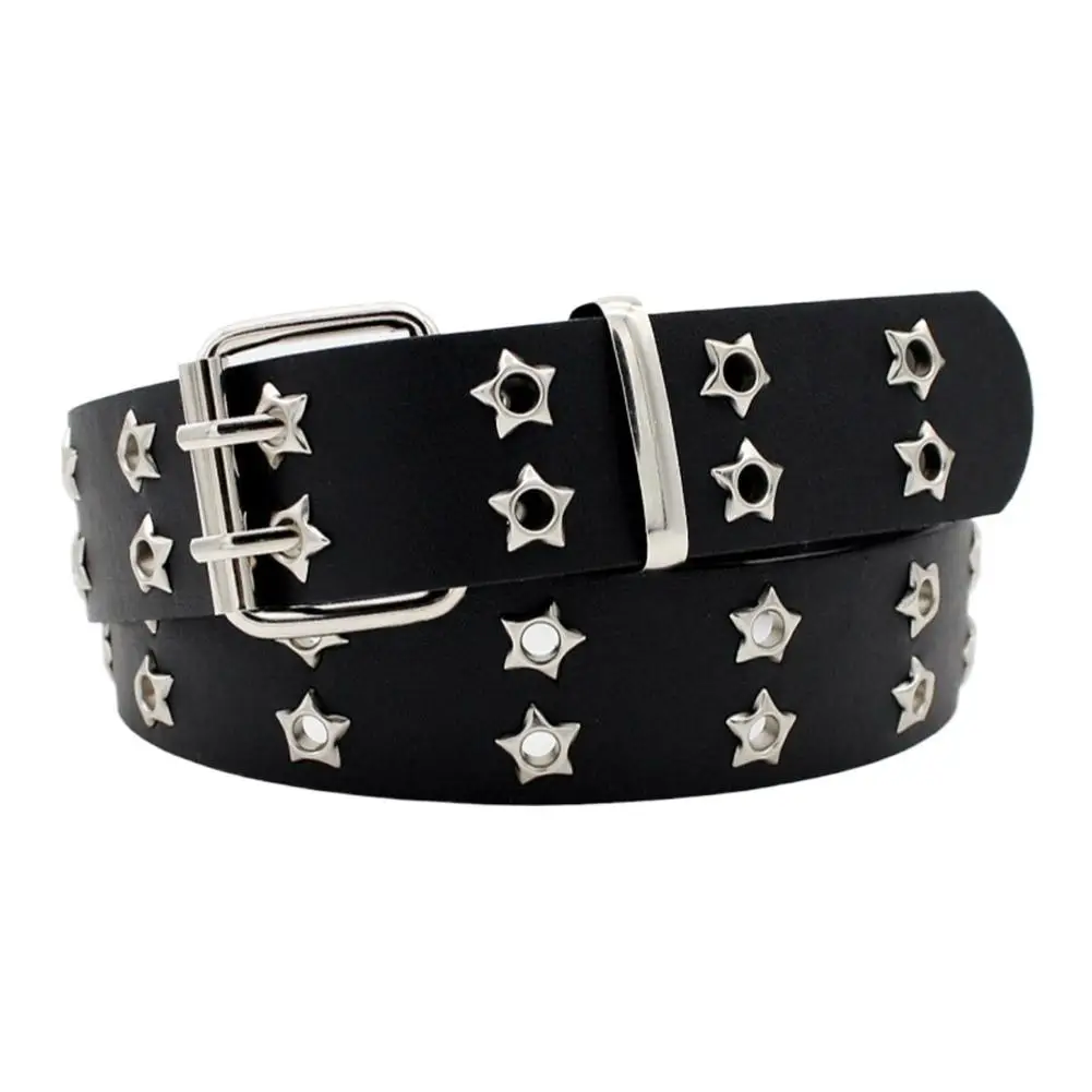 Star Eye Rivet Belt Hollowed-out Punk Belt For Man/women Hip-hop Double Pin Buckle Fashion Pu Leather Waistband Y2K Decoration