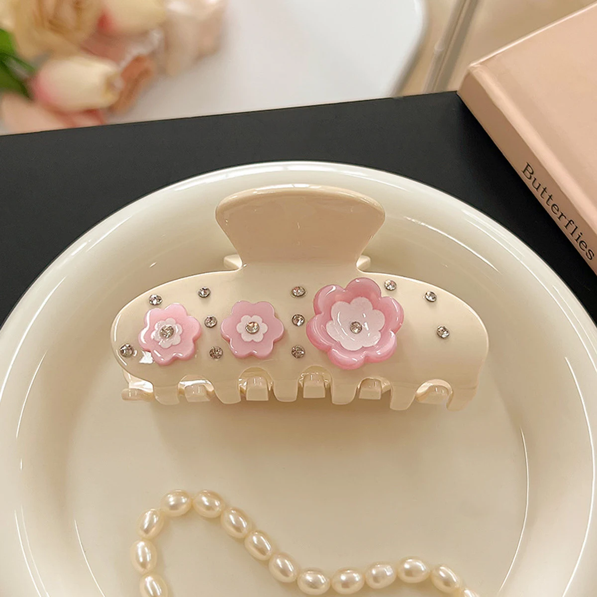 1pc acetate sweet rhinestone flowers grab clip,half-tied medium hairpin, temperament and versatile headwear