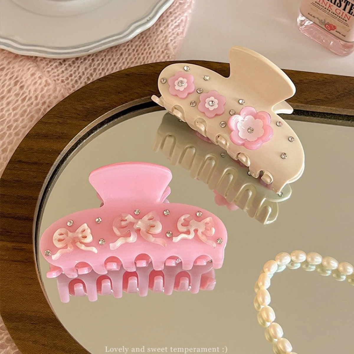 1pc acetate sweet rhinestone flowers grab clip,half-tied medium hairpin, temperament and versatile headwear