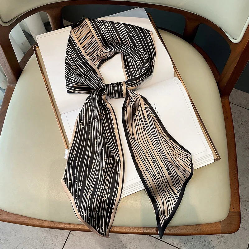 Spring/Summer Luxury Long Silk Scarf Female Print Thin Narrow Scarf Bag Hair Band Ribbon Scarfs Women Imitation Silk Neckerchief