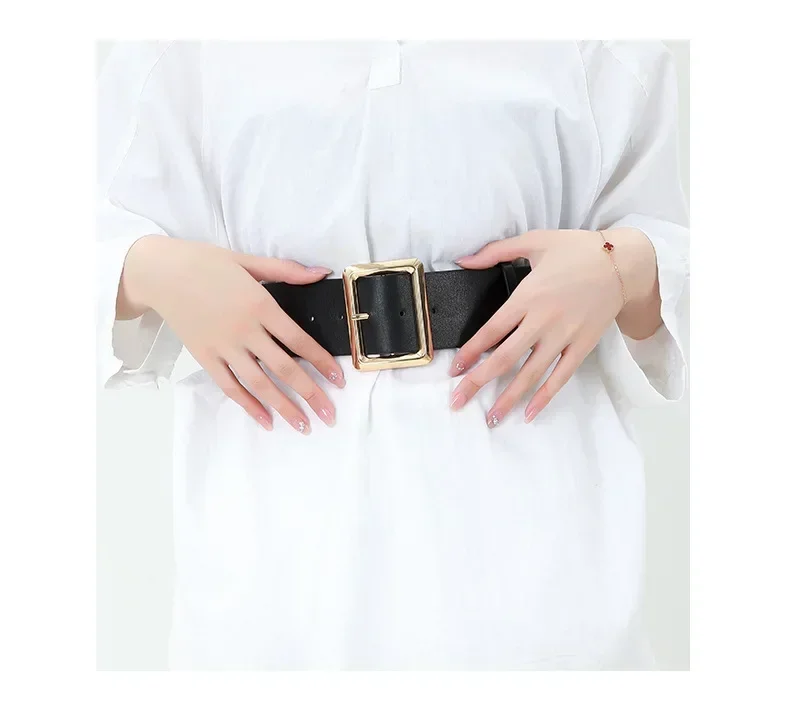 New Vintage Large Buckle Fashionable Women's Wide Belt Dress Decorative PU Women's Belt