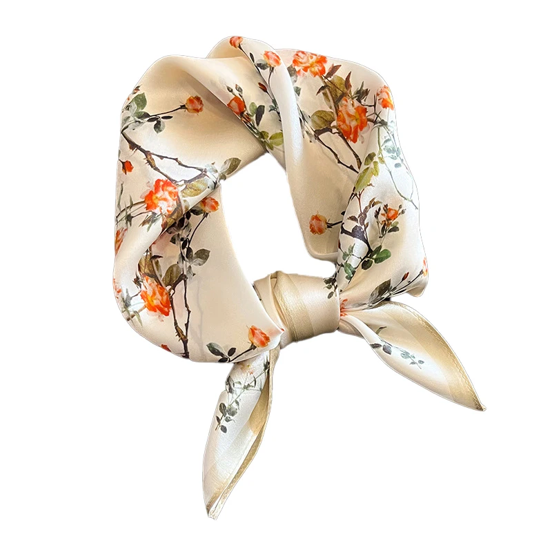 100% Silk Scarf Plum Blossom Pattern Square Scarves for Women Wrap Kerchief Mulberry Silk Bandana Fashion Luxury Headband Hijab