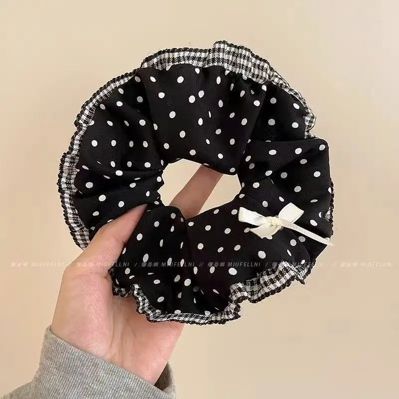 2025 New Black White Polka Dot Hair Bundle Oversized Scrunchies Lace Butterfly Bow Hair Rope Ties Women Elegant Large Headbands