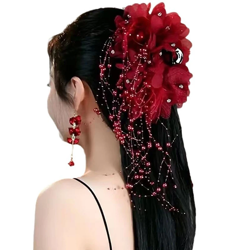 Women Luxury Mesh Flower Pearls Tassels Hair Clips Female Fluffy Shark Hair Claws Hair Accessories Headdress