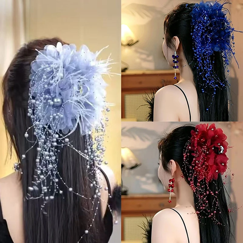 Women Luxury Mesh Flower Pearls Tassels Hair Clips Female Fluffy Shark Hair Claws Hair Accessories Headdress