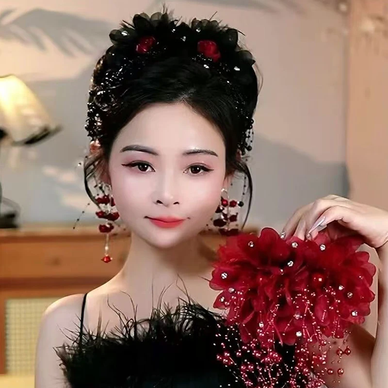 Women Luxury Mesh Flower Pearls Tassels Hair Clips Female Fluffy Shark Hair Claws Hair Accessories Headdress