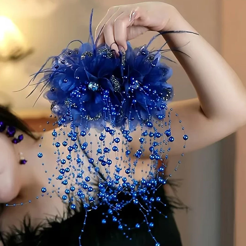 Women Luxury Mesh Flower Pearls Tassels Hair Clips Female Fluffy Shark Hair Claws Hair Accessories Headdress