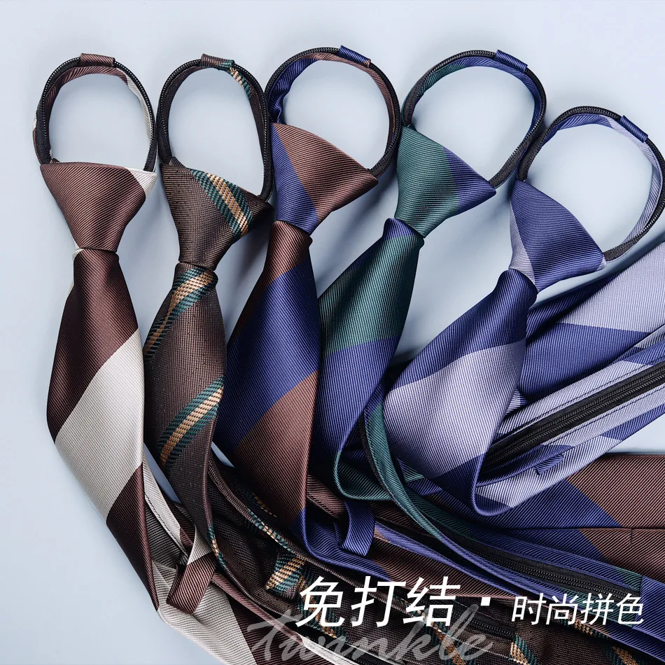 NEW Mens Retro Zipper Ties for Men 8CM Neck Tie Solid Striped Fashion Blue Neckties Men's Automatic Zipper Tie Red Lazy Ties