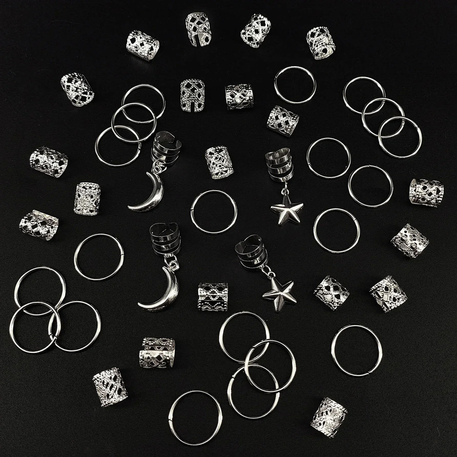 44pcs Stars Moon Combination Fashion metal cutout Dreadlock Hair Rings DreadLocks suitable for women girls holiday for Ramadan