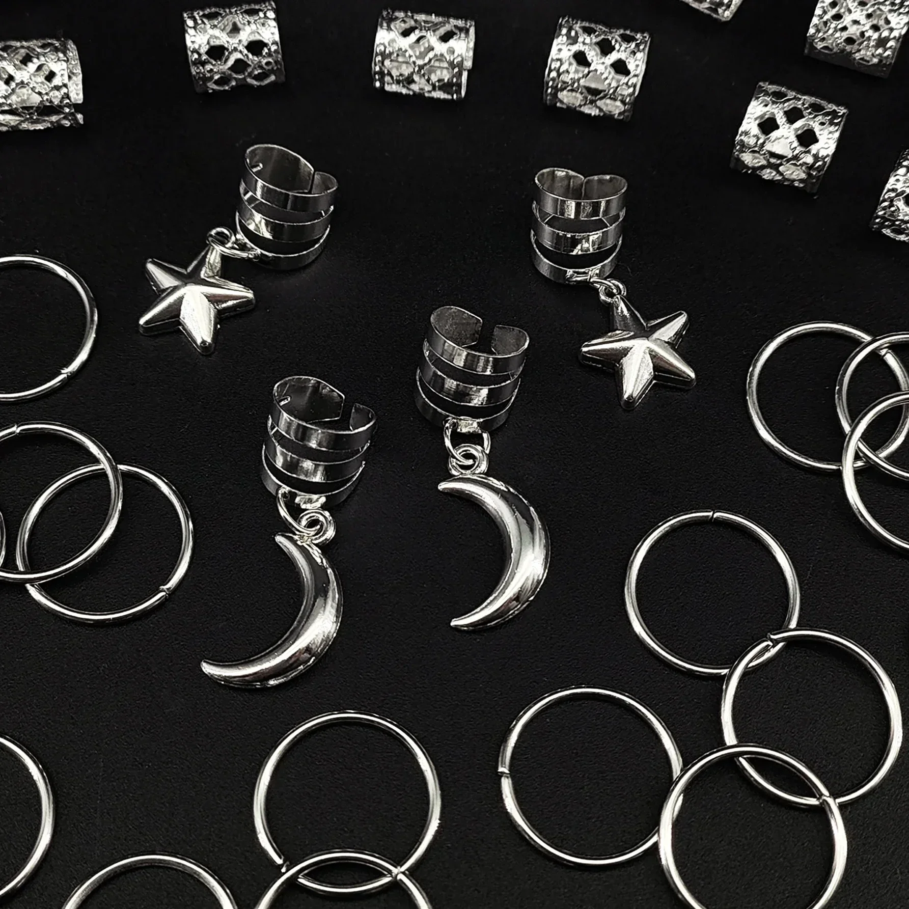44pcs Stars Moon Combination Fashion metal cutout Dreadlock Hair Rings DreadLocks suitable for women girls holiday for Ramadan