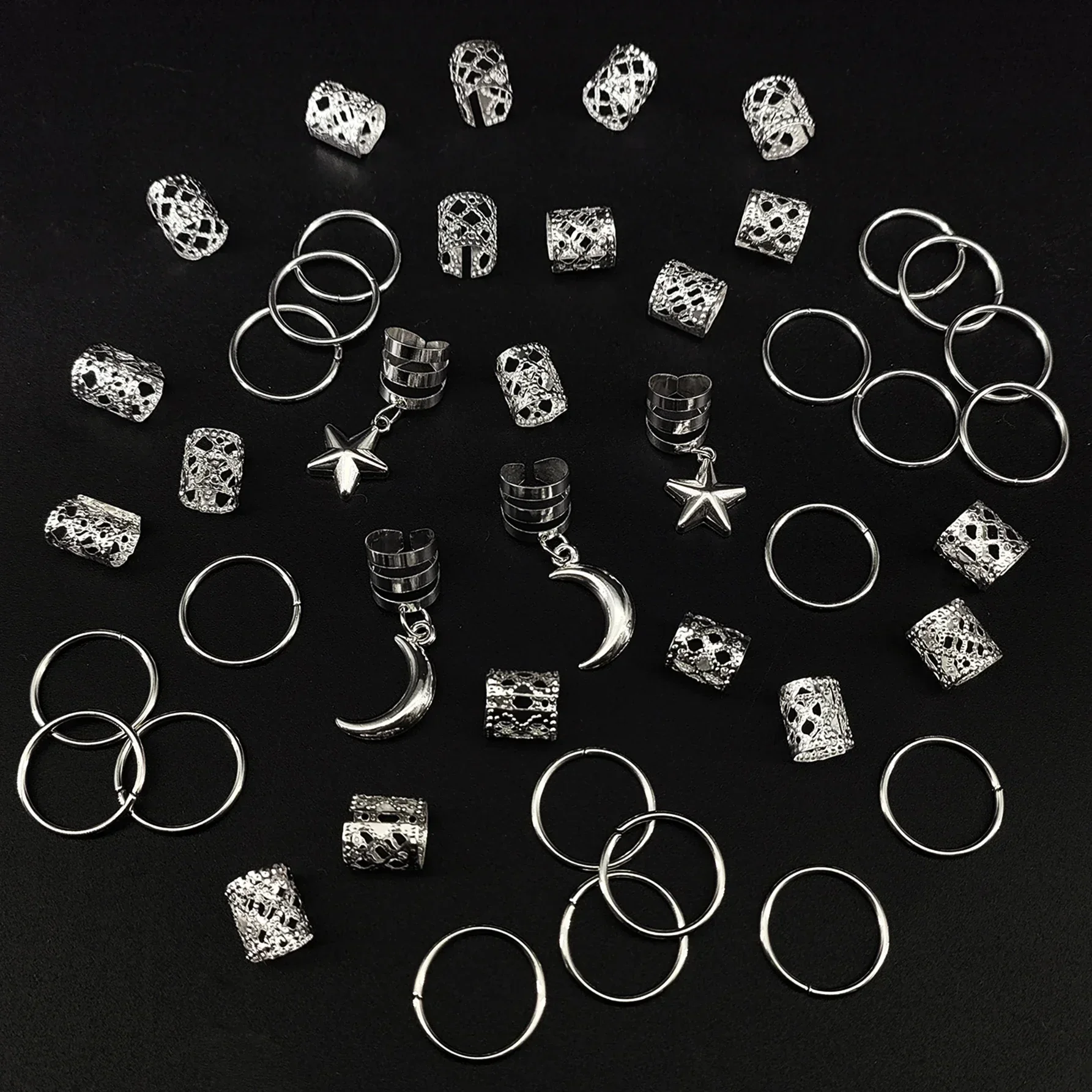 44pcs Stars Moon Combination Fashion metal cutout Dreadlock Hair Rings DreadLocks suitable for women girls holiday for Ramadan