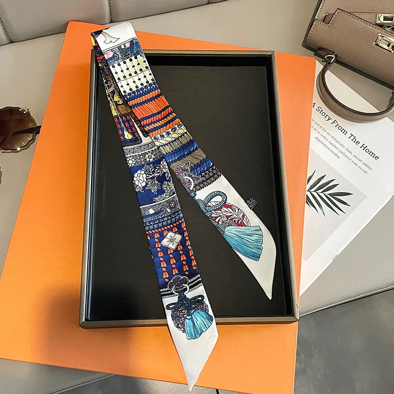 New Fashion Retro Pinrt Bag Luxury Designer Womens Silk Scarf Headwear Long Skinny Tie Scarves Ribbon Accessories Summer