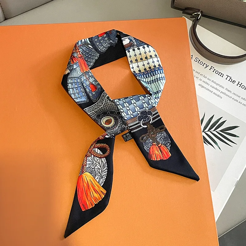 New Fashion Retro Pinrt Bag Luxury Designer Womens Silk Scarf Headwear Long Skinny Tie Scarves Ribbon Accessories Summer