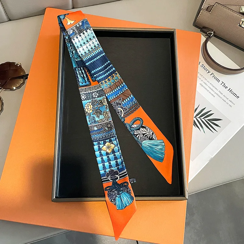 New Fashion Retro Pinrt Bag Luxury Designer Womens Silk Scarf Headwear Long Skinny Tie Scarves Ribbon Accessories Summer