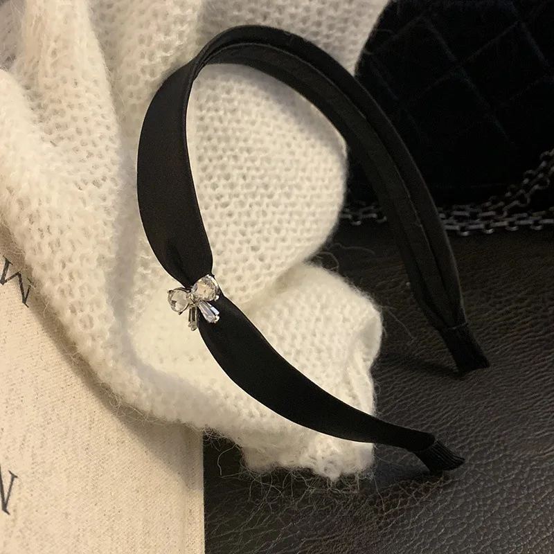 Rhinestone Bow Satin Premium Headband Korean Textured Headband Simple Versatile Hairhoop Hair Accessories New