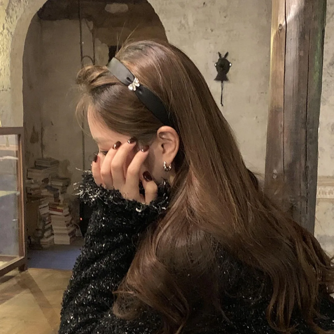 Rhinestone Bow Satin Premium Headband Korean Textured Headband Simple Versatile Hairhoop Hair Accessories New