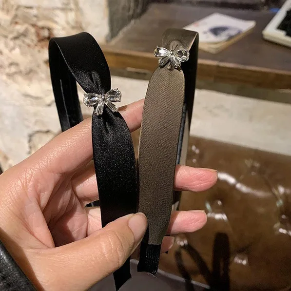 Rhinestone Bow Satin Premium Headband Korean Textured Headband Simple Versatile Hairhoop Hair Accessories New