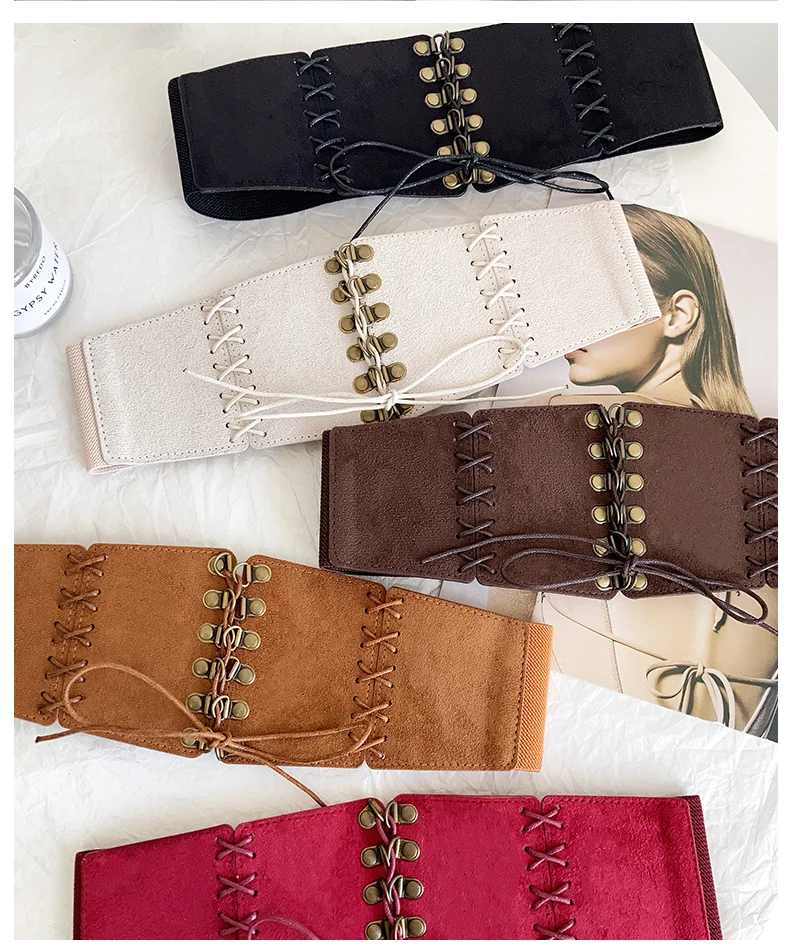 European and American style suede velvet strap waist cincher women's vintage hundred match dress wide waist belt fashion stretch
