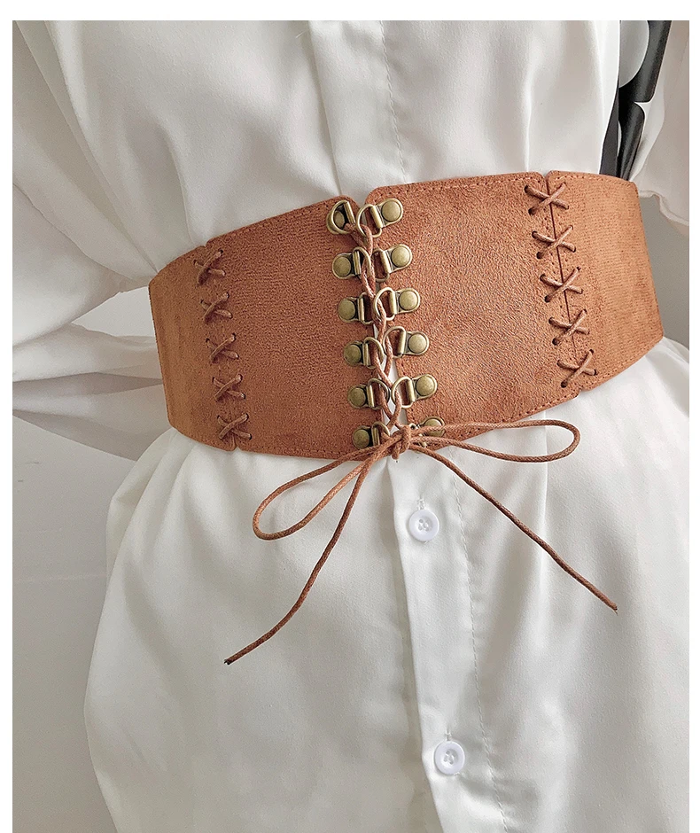 European and American style suede velvet strap waist cincher women's vintage hundred match dress wide waist belt fashion stretch
