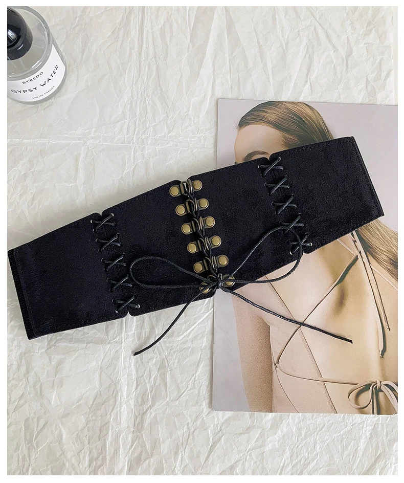 European and American style suede velvet strap waist cincher women's vintage hundred match dress wide waist belt fashion stretch