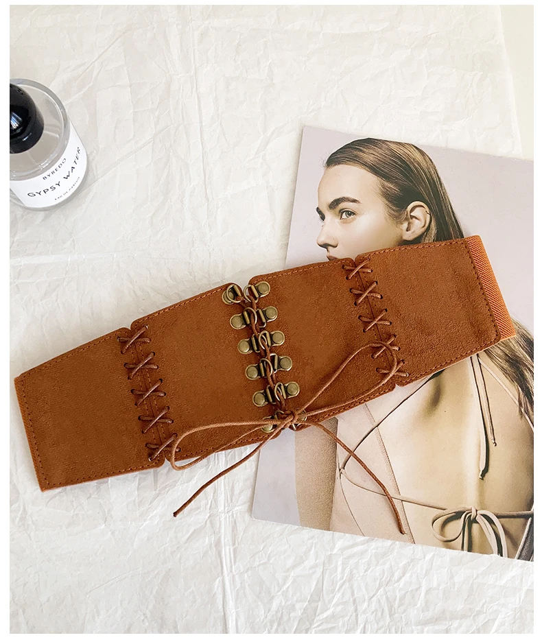 European and American style suede velvet strap waist cincher women's vintage hundred match dress wide waist belt fashion stretch