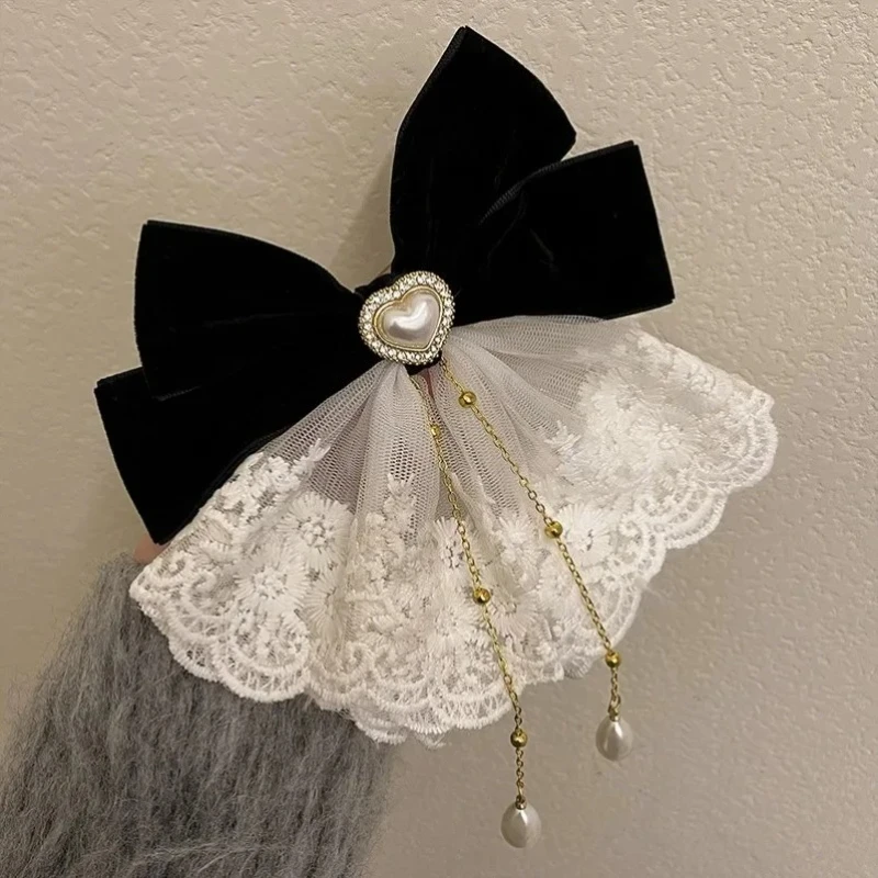 Beautiful Barrette for Woman White Lace Elegant Velvet Ribbon Bowknot Hair Accessories