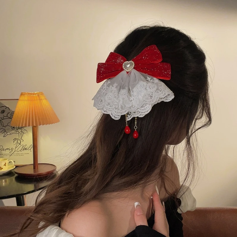 Beautiful Barrette for Woman White Lace Elegant Velvet Ribbon Bowknot Hair Accessories