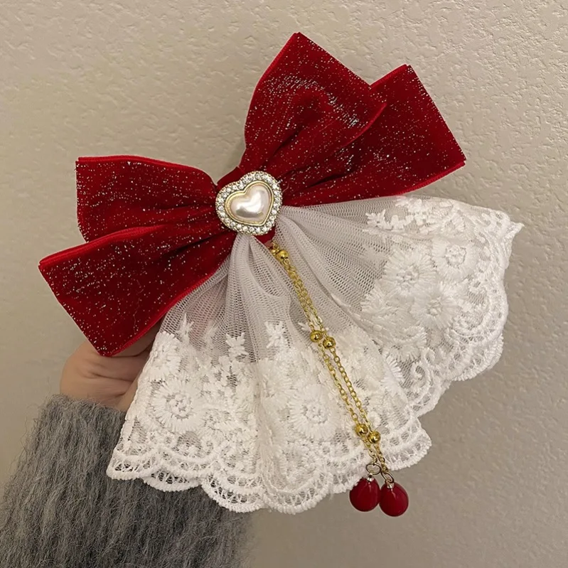Beautiful Barrette for Woman White Lace Elegant Velvet Ribbon Bowknot Hair Accessories