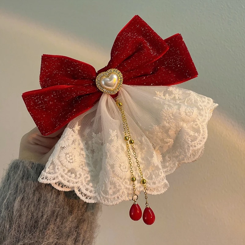 Beautiful Barrette for Woman White Lace Elegant Velvet Ribbon Bowknot Hair Accessories