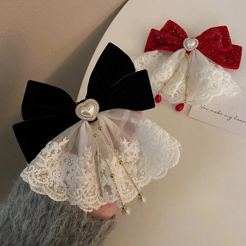 Beautiful Barrette for Woman White Lace Elegant Velvet Ribbon Bowknot Hair Accessories