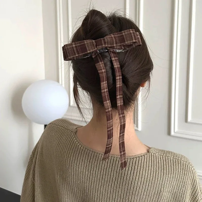 2025 Elegant Plaid Ribbon Bow Hairpins Women Girls Hair Clips Claw Barrettes Accessories Hairclip Headdress Headwear Ornament