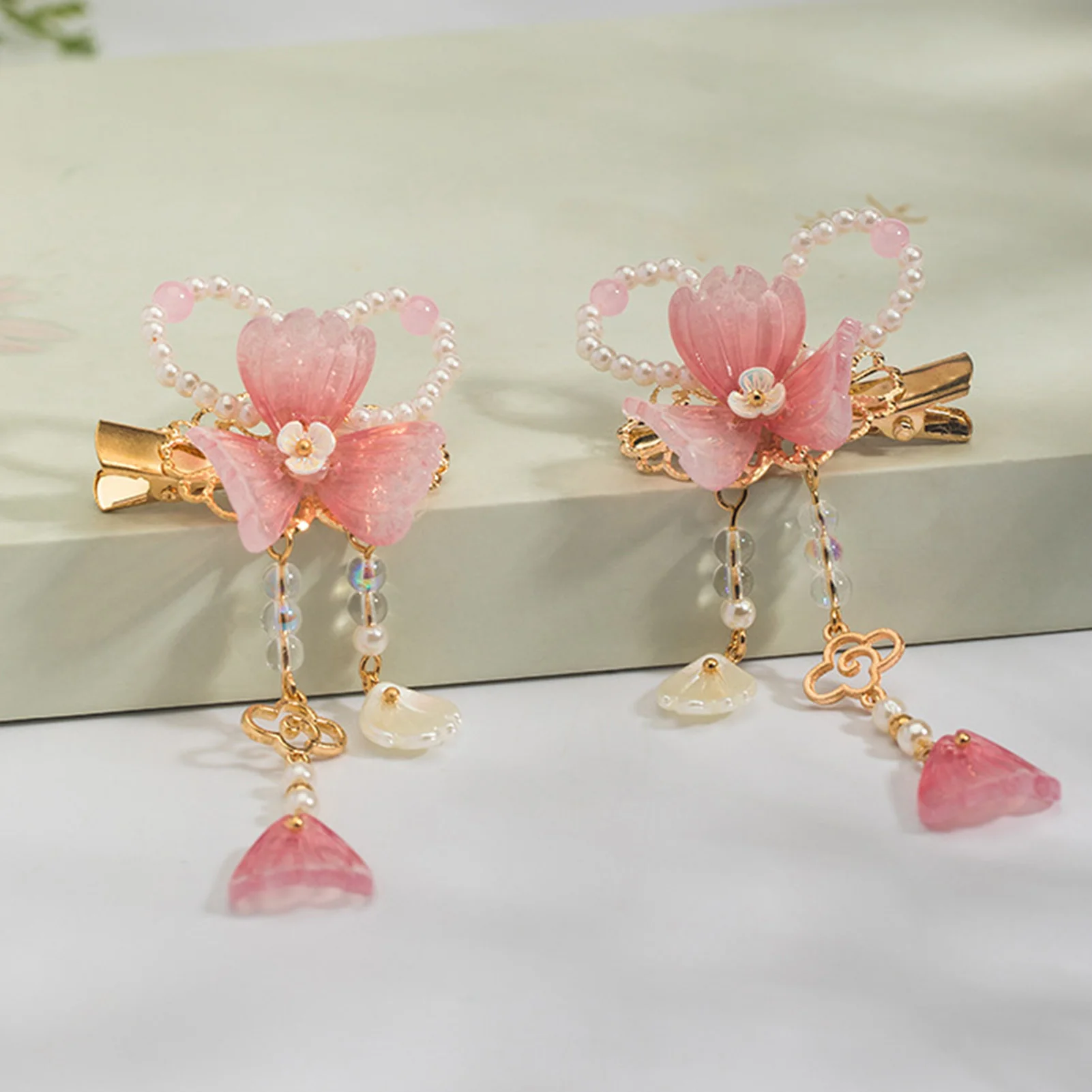 2pcs Chinese Hanfu Hair Clips Hairpins Flower Girls Pink Barretes Crystal Tassel Children Hair Accessories Jewelry Headwear