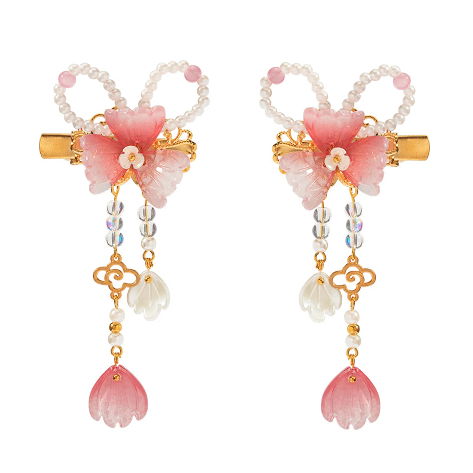 2pcs Chinese Hanfu Hair Clips Hairpins Flower Girls Pink Barretes Crystal Tassel Children Hair Accessories Jewelry Headwear