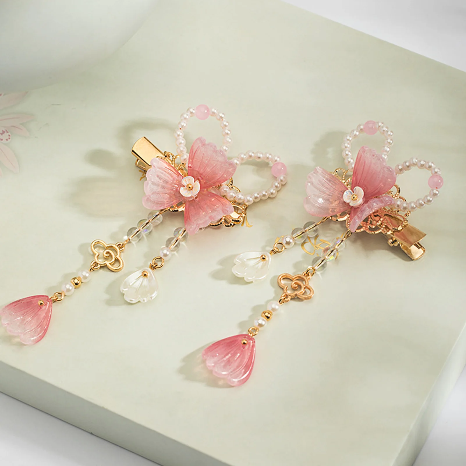 2pcs Chinese Hanfu Hair Clips Hairpins Flower Girls Pink Barretes Crystal Tassel Children Hair Accessories Jewelry Headwear