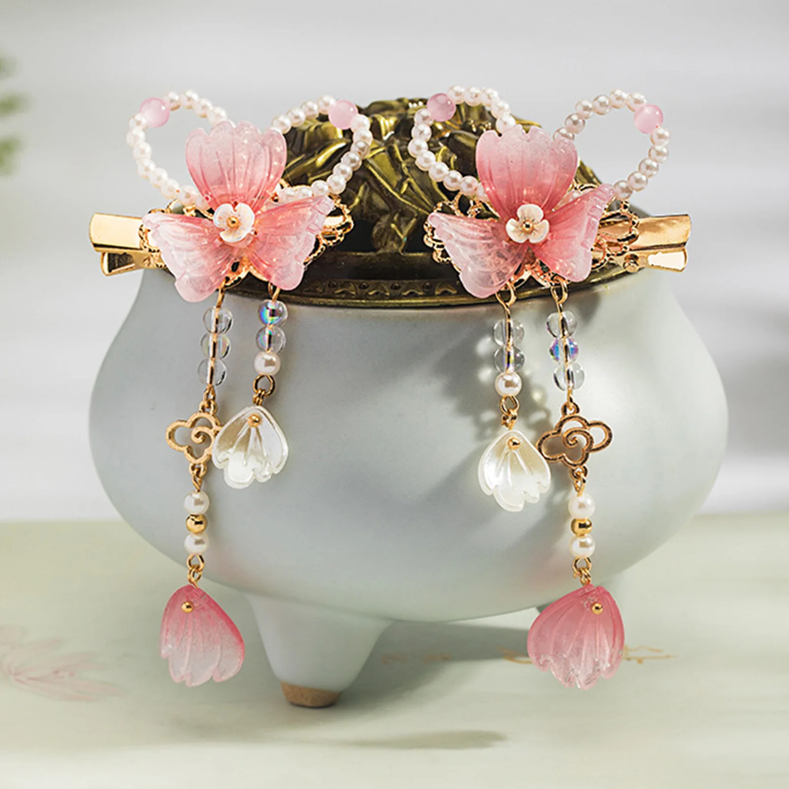 2pcs Chinese Hanfu Hair Clips Hairpins Flower Girls Pink Barretes Crystal Tassel Children Hair Accessories Jewelry Headwear