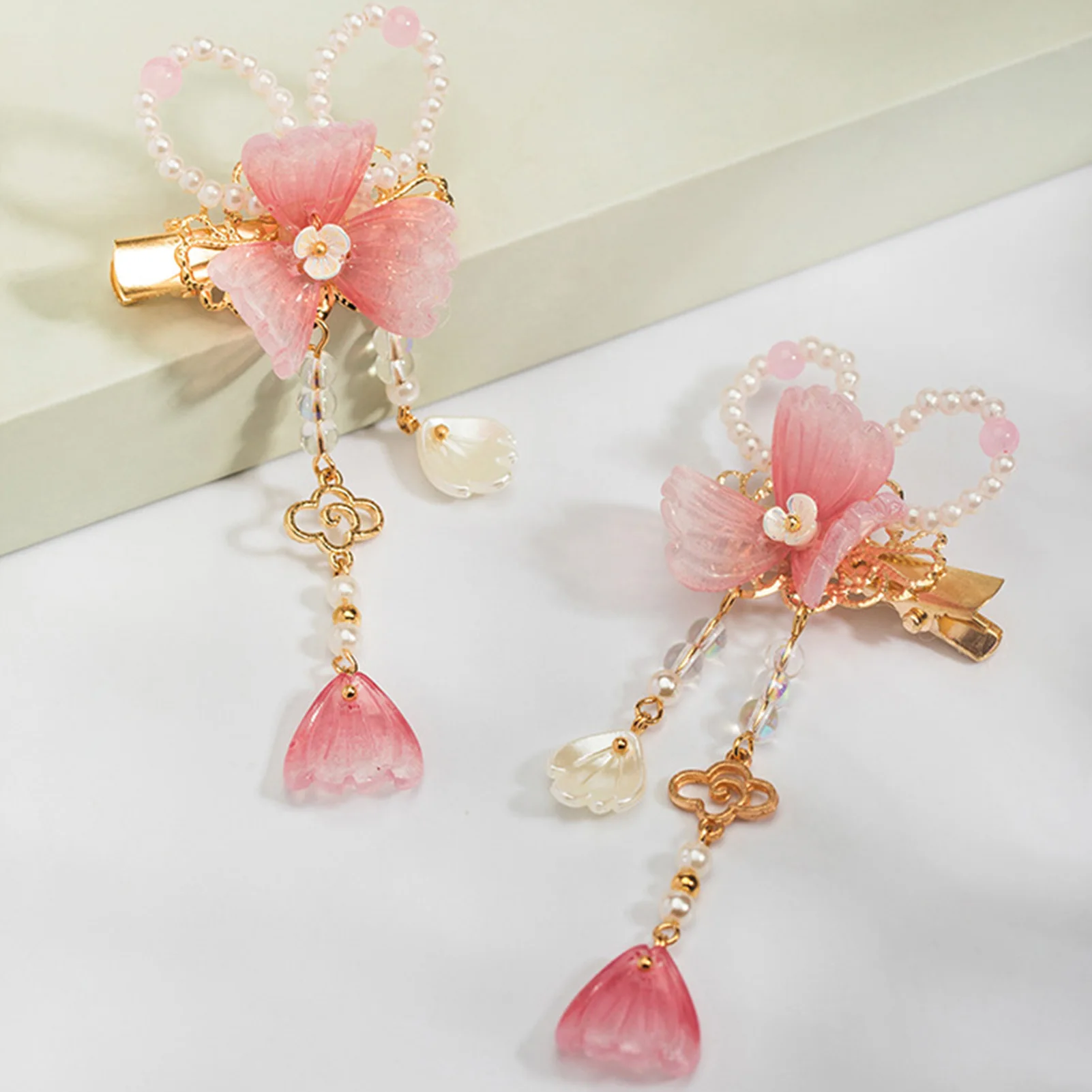 2pcs Chinese Hanfu Hair Clips Hairpins Flower Girls Pink Barretes Crystal Tassel Children Hair Accessories Jewelry Headwear