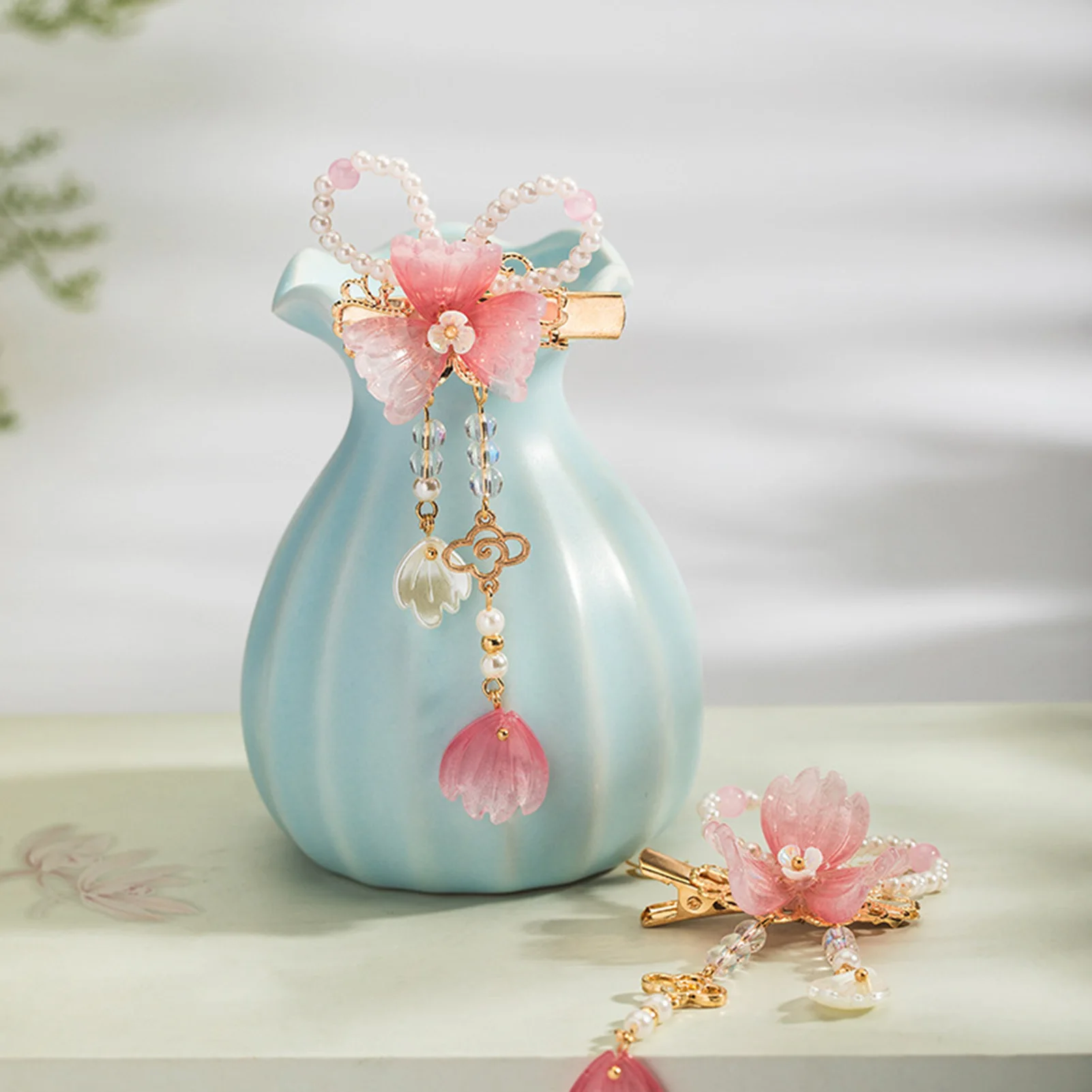 2pcs Chinese Hanfu Hair Clips Hairpins Flower Girls Pink Barretes Crystal Tassel Children Hair Accessories Jewelry Headwear