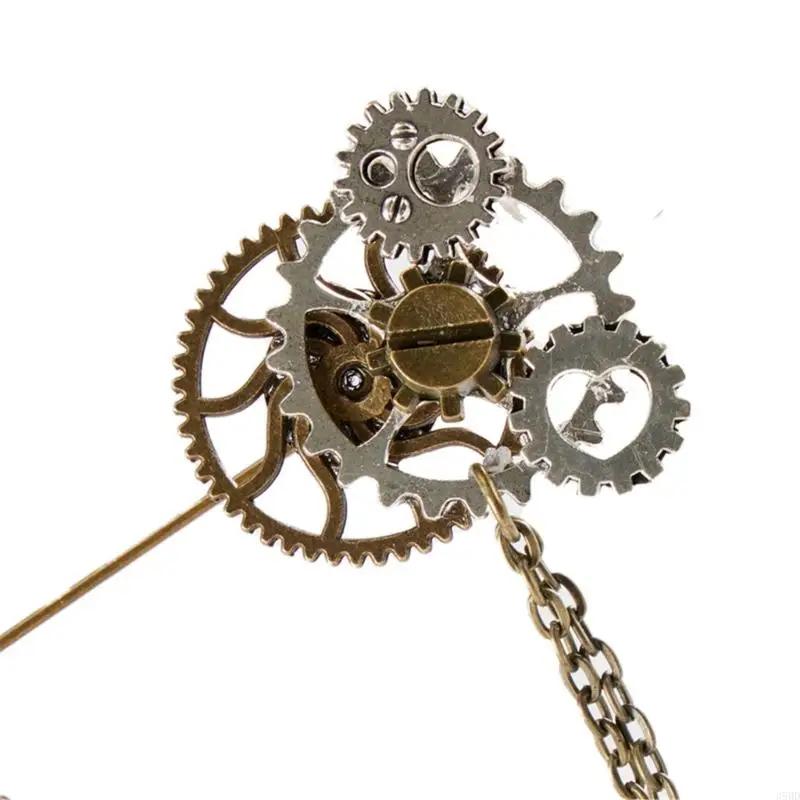 Steampunk Vintage Gear Brooch Chain Collar Pin Gothic Lapel Pin Badges Jewelry for Women and Man Halloween Party Costume