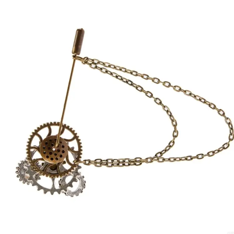 Steampunk Vintage Gear Brooch Chain Collar Pin Gothic Lapel Pin Badges Jewelry for Women and Man Halloween Party Costume