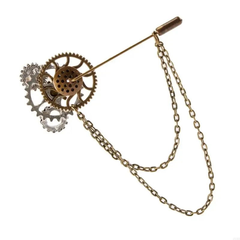 Steampunk Vintage Gear Brooch Chain Collar Pin Gothic Lapel Pin Badges Jewelry for Women and Man Halloween Party Costume