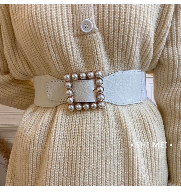 Pearl Waist Belt Women's Stretchable Adjustable Wide Sweater Belt New Black Fashionable Decorative Suit Belt