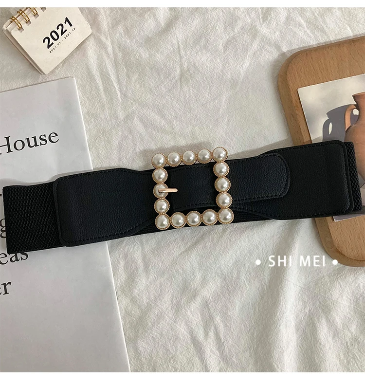 Pearl Waist Belt Women's Stretchable Adjustable Wide Sweater Belt New Black Fashionable Decorative Suit Belt