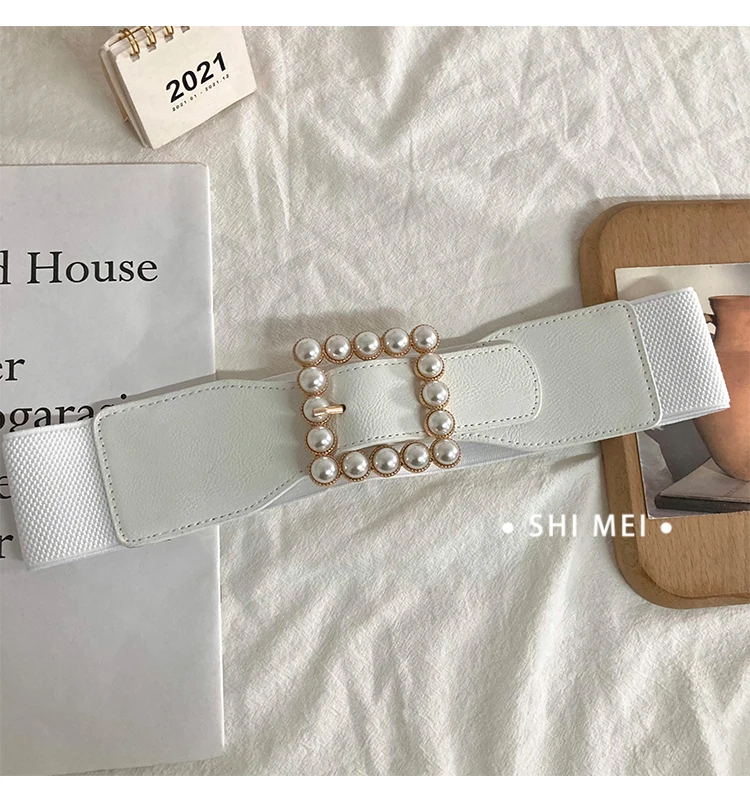 Pearl Waist Belt Women's Stretchable Adjustable Wide Sweater Belt New Black Fashionable Decorative Suit Belt