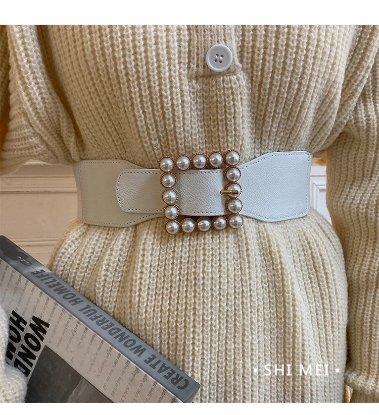 Pearl Waist Belt Women's Stretchable Adjustable Wide Sweater Belt New Black Fashionable Decorative Suit Belt