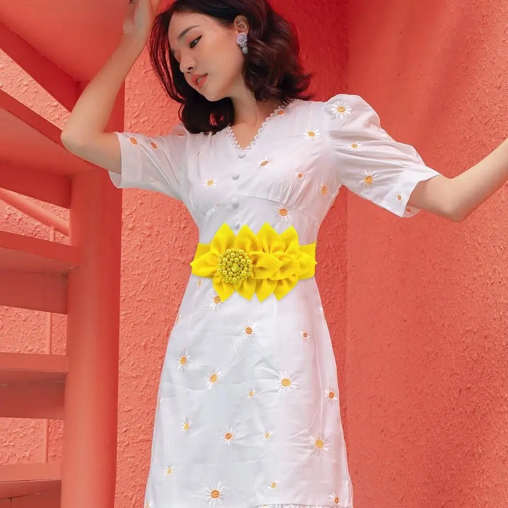 Flower Decoration Wide Waist Belt Dress Coat Suit Decorative Waistband Women Stretch Waistband