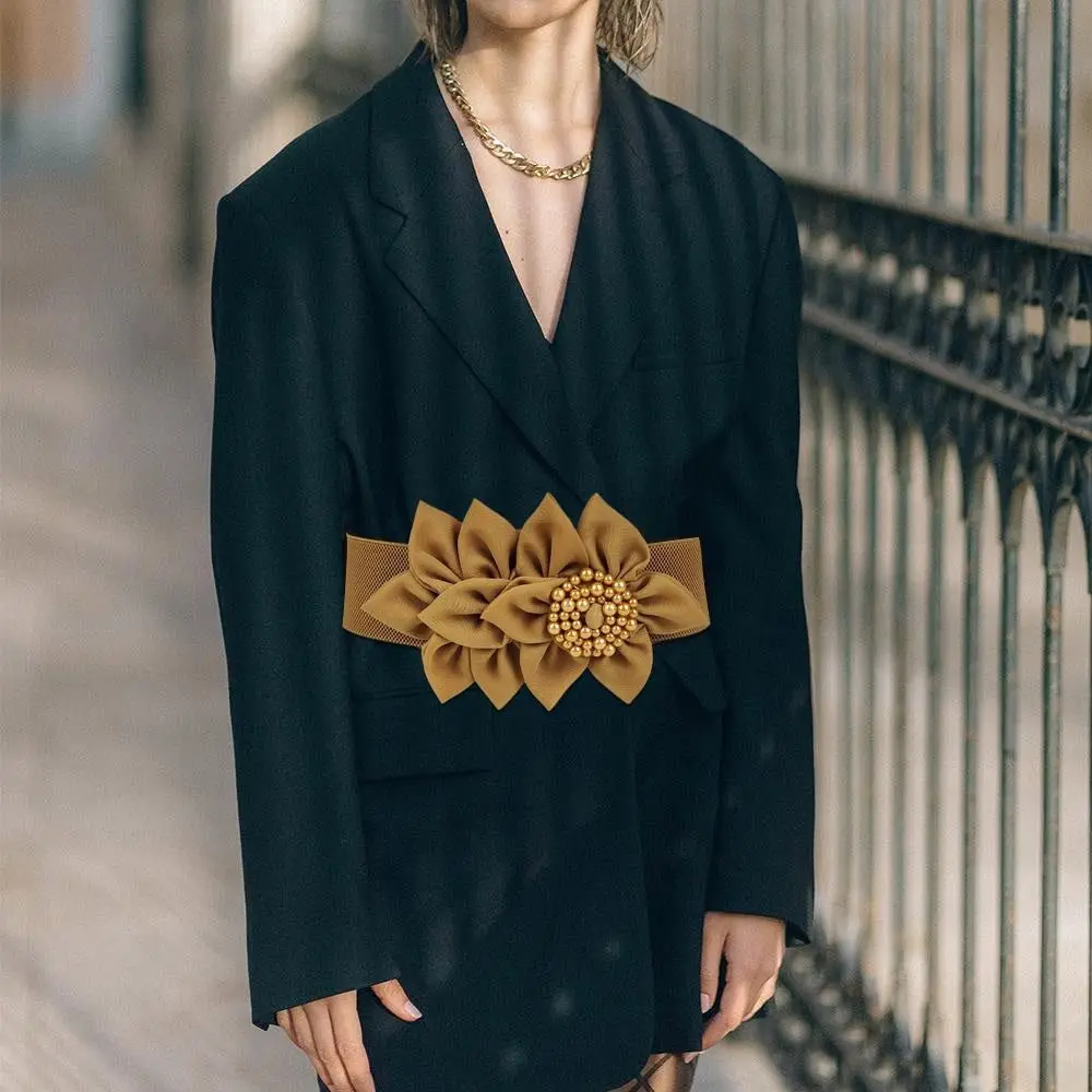 Flower Decoration Wide Waist Belt Dress Coat Suit Decorative Waistband Women Stretch Waistband