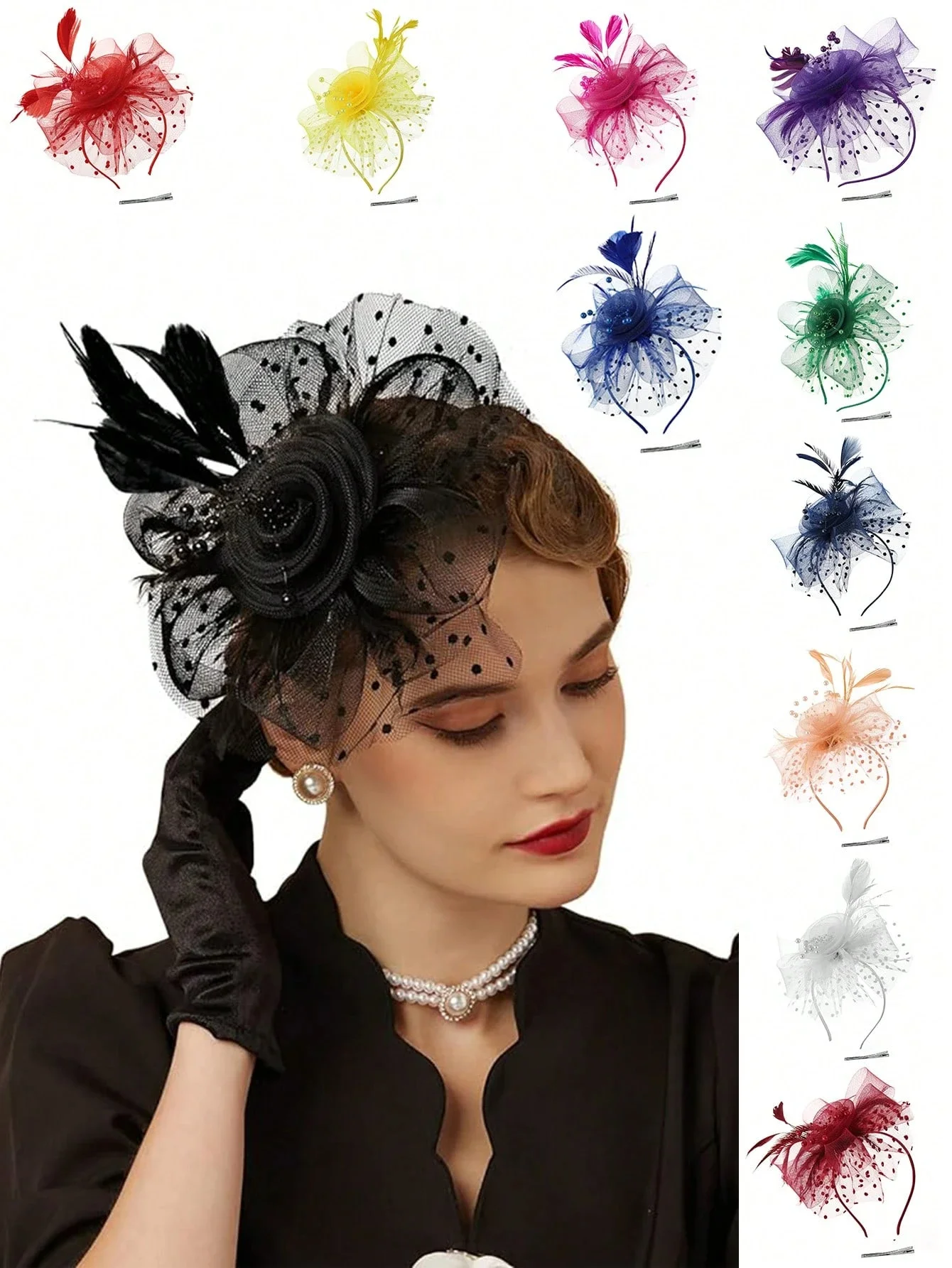 1PCS Fascinators Hat Flower Mesh Ribbons Feathers On A Headband And A Clip Tea Party Headwear For Girls And Women