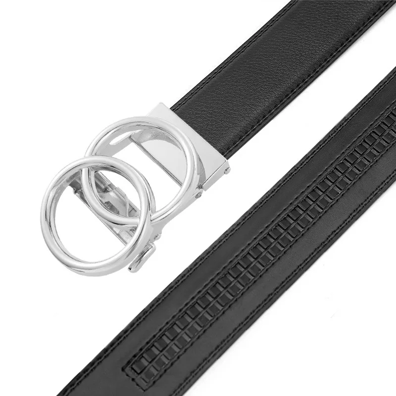 2025 Double Ring Automatic Buckle Belt Men's Leather Belt Cowhide Fashionable and Simple Belt Gold and Silver Alloy Buckle Belt
